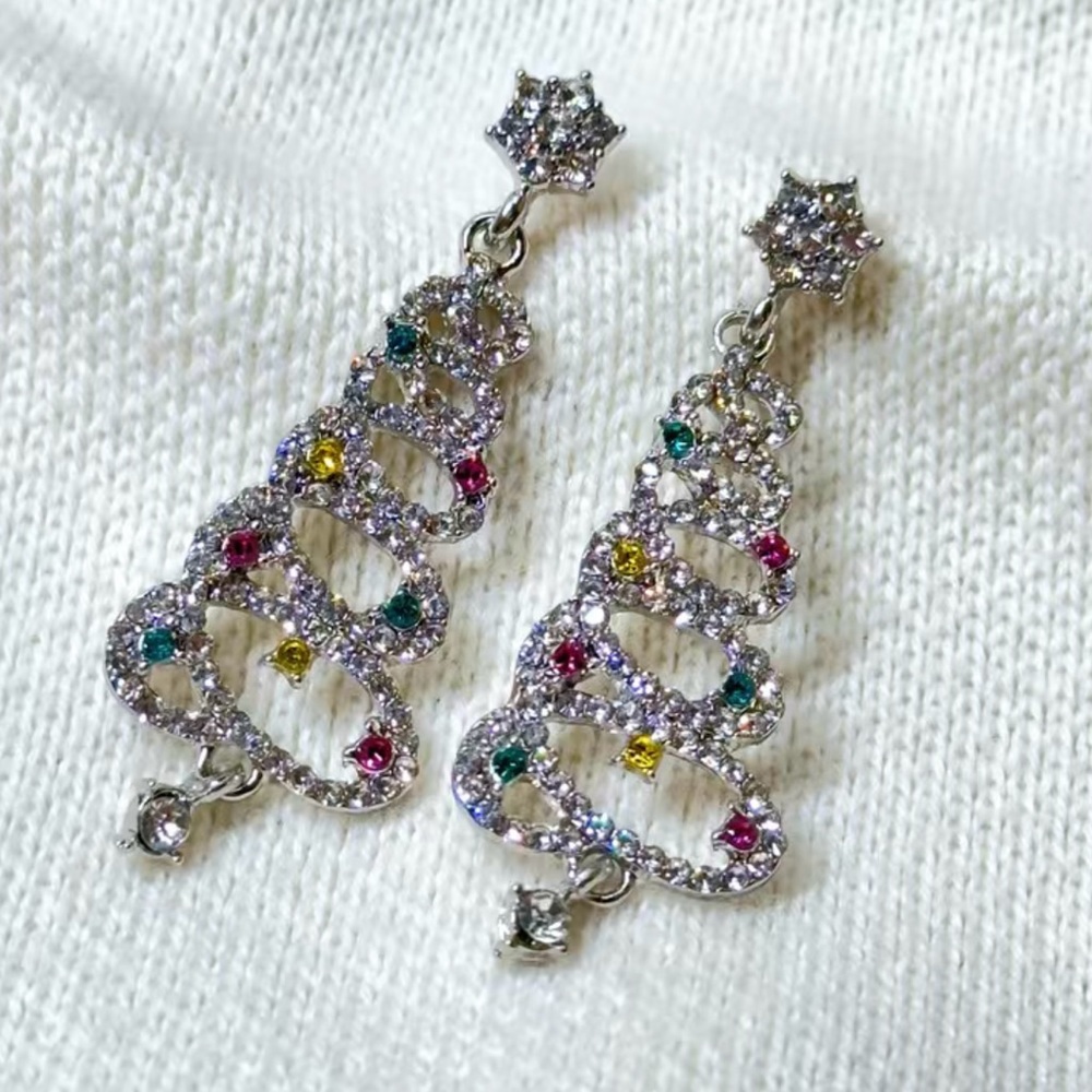 🌼 Holiday Multi Color Zircon Christmas Tree Earrings Silver Tone
